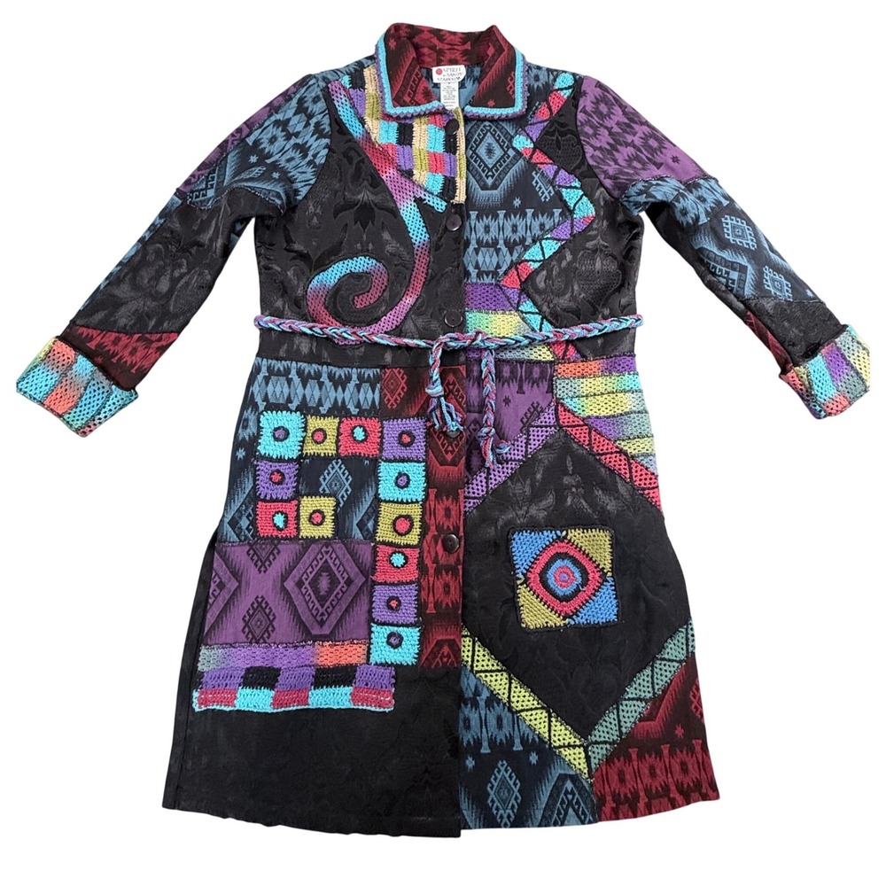 Spirit‎ by Sandy Starkman Patchwork Duster Coat Multi Color Crochet Jacquard M